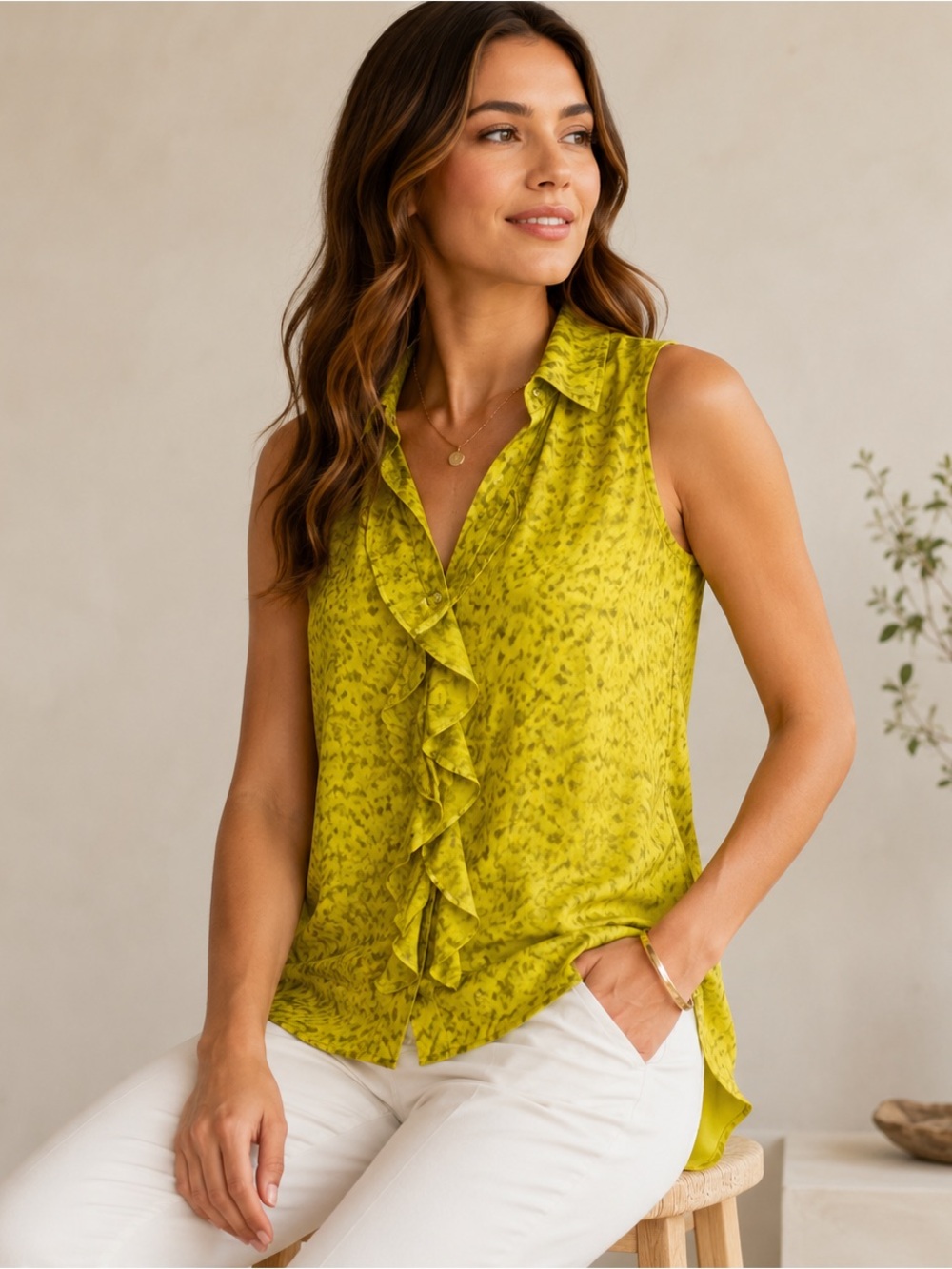 CAbi Chartreuse Ruffle Front Sleeveless Blouse High Low Hem Size Small